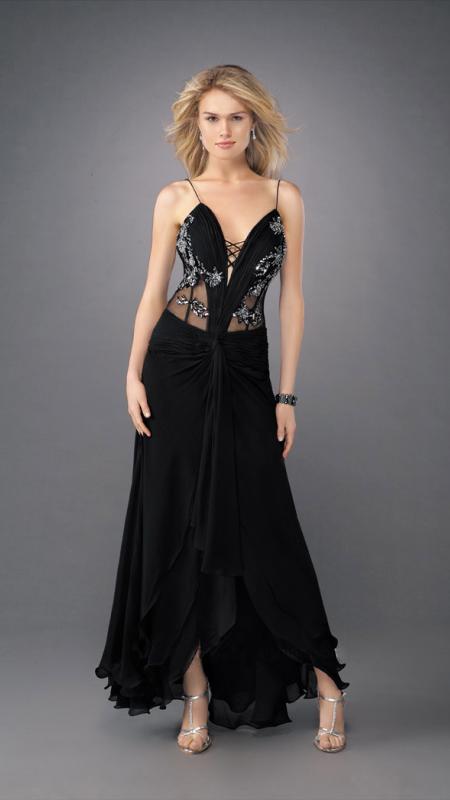 La Femme - Elegant V-neck dress with Embellished Bodice 11704 In Black