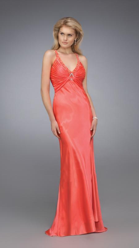 La Femme - Stunning V-neck Evening Gown with Bedazzled Brooch 12139 In Pink