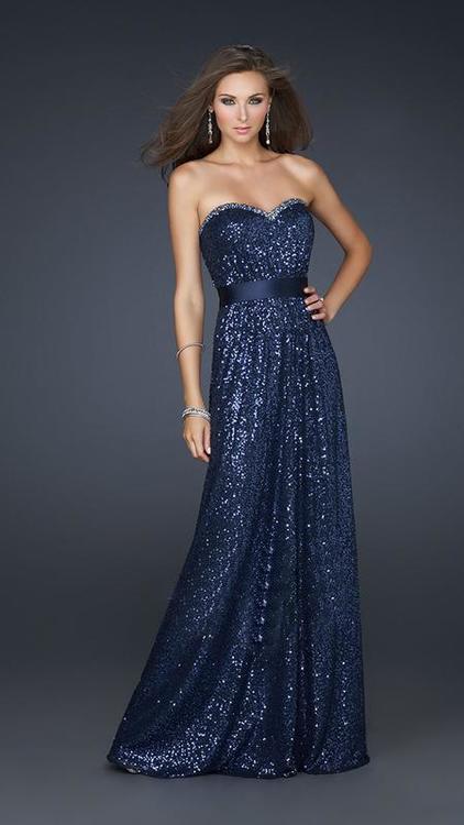 La Femme - Dazzling Sparkling Gown with Ribboned Waist 17059 In Blue