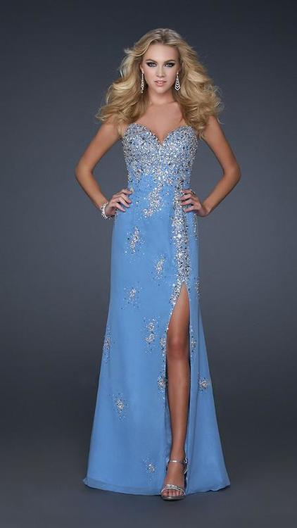La Femme - Extravagant Chiffon Gown with Thigh High Slit 17431 In Blue