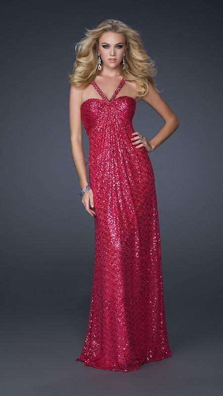 La Femme - Sequined Halter Neck Sheath Dress 17538 in Pink