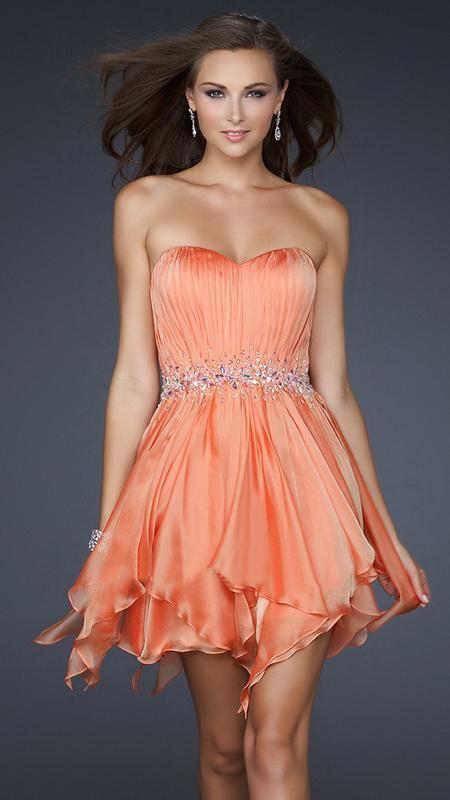 La Femme - Pleated Sweetheart Beaded Chiffon A-line Dress 17544 in Orange