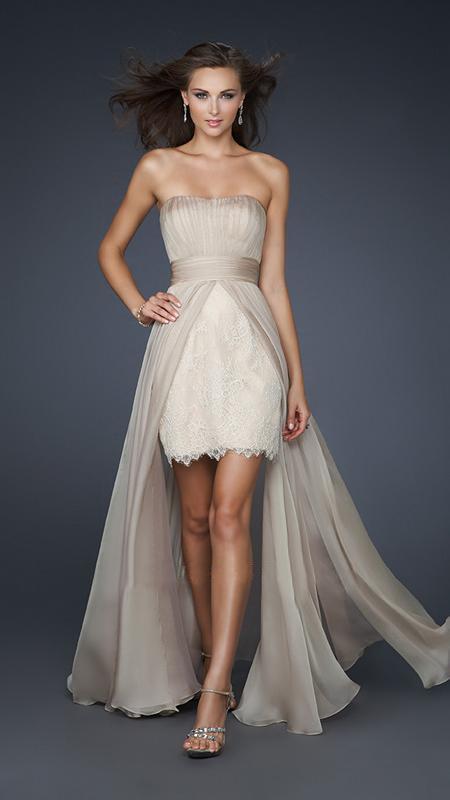 La Femme - Ruched Semi-sweetheart Lace Chiffon A-line Dress 17547 In Neutral