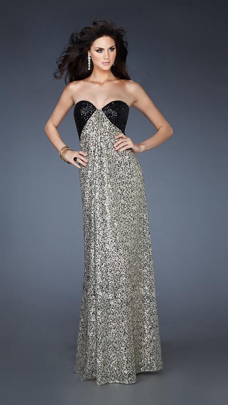 La Femme - Sequined Long Strapless Gown 18491 In Black and Gold