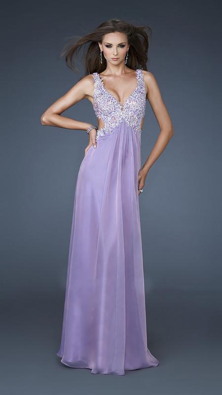 La Femme - Embellished V-Neck with Side Cutouts Evening Dress 18651 In Purple