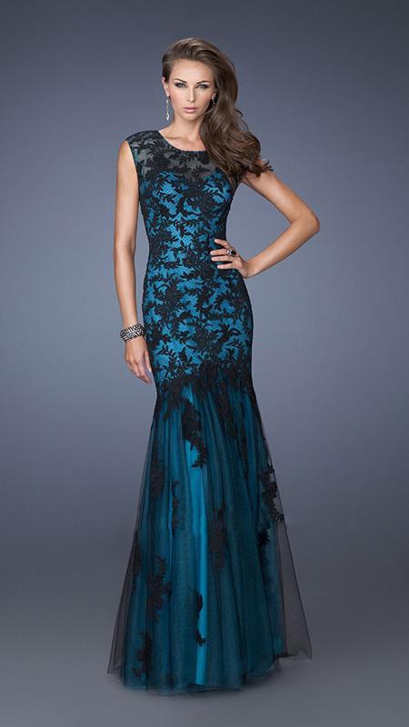 La Femme - Fluted, Fancy Evening Dress with Lovely Layers 19264 In Black and Blue