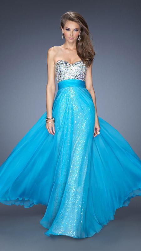 La Femme - 19300 Bejeweled Sweetheart Empire Evening Dress in Blue