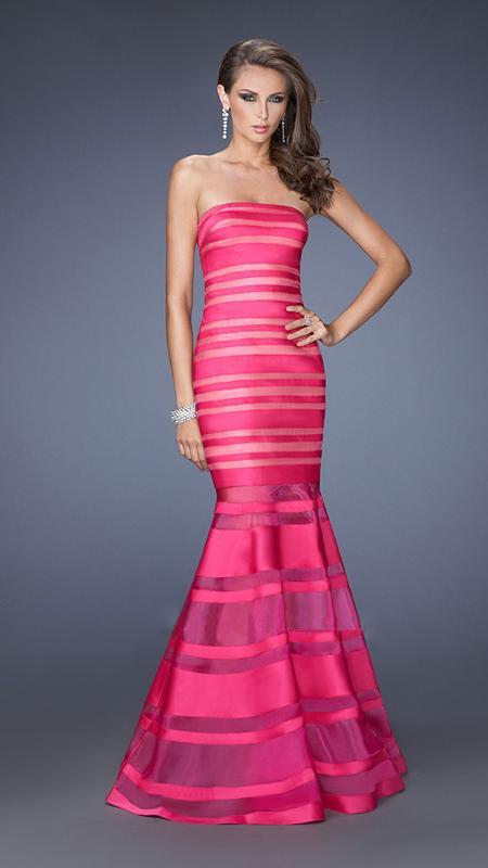 La Femme - Striped Gorgeous Illusion Evening Dress 19728 In Pink