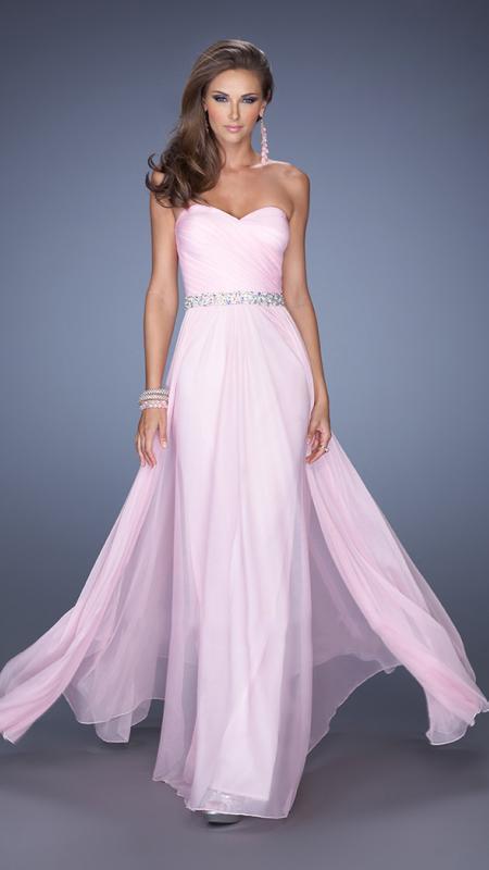 La Femme - Ruched Strapless Chiffon Evening Dress in Pink