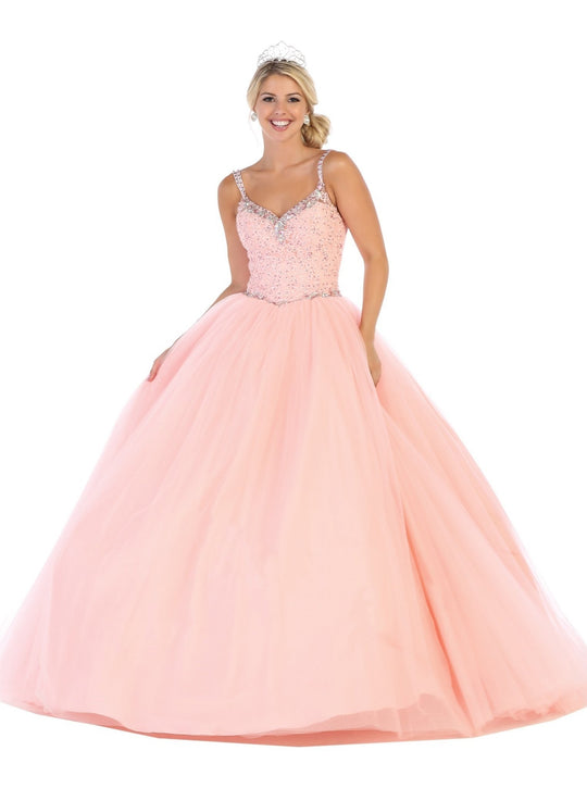 May Queen - LK106 Embroidered V-neck Ballgown In Pink