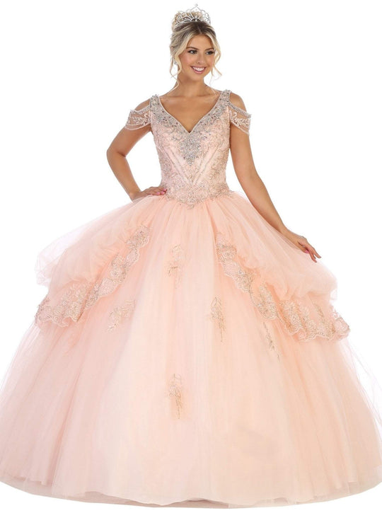 May Queen - LK116 Jeweled Lace Bodice Ruffled Ballgown In Pink