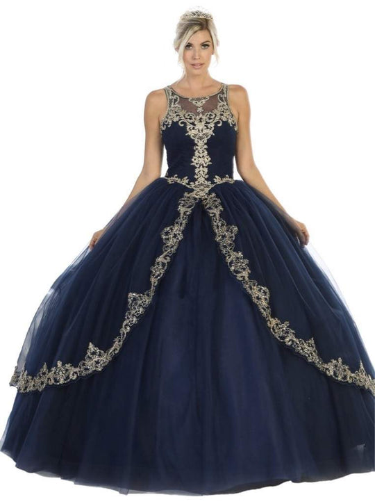 May Queen - Scoop Appliqued Pleated Ballgown LK117 In Blue and Gold