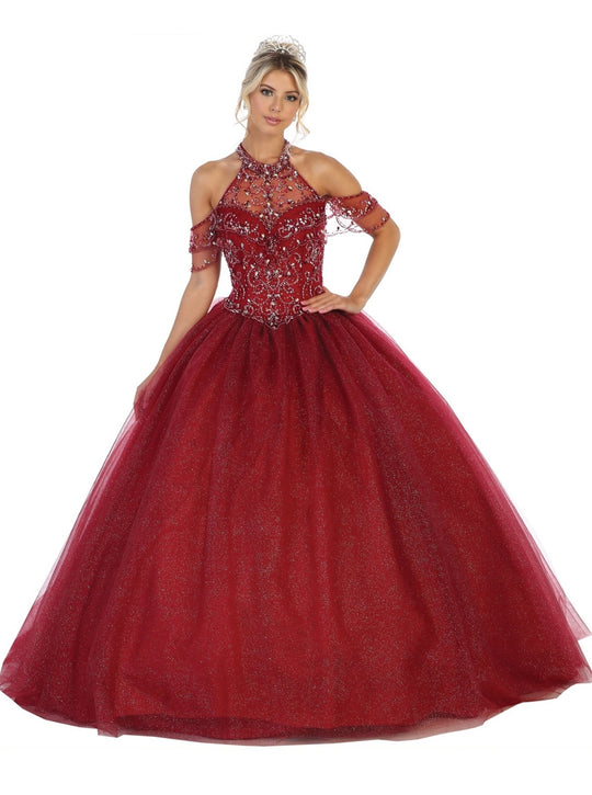 May Queen - LK121 Halter Neck Cold Shoulder Embellished Ballgown In Red