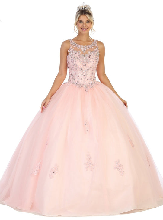 May Queen - LK122 Illusion Scoop Beaded Applique Ballgown In Pink