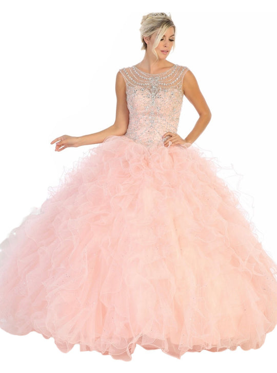 May Queen - LK124 Cap Sleeve Crystal Ornate Ruffled Ballgown In Pink