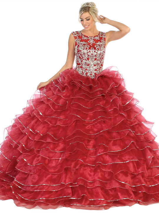 May Queen - LK125 Embellished Scoop Tiered Quinceanera In Red