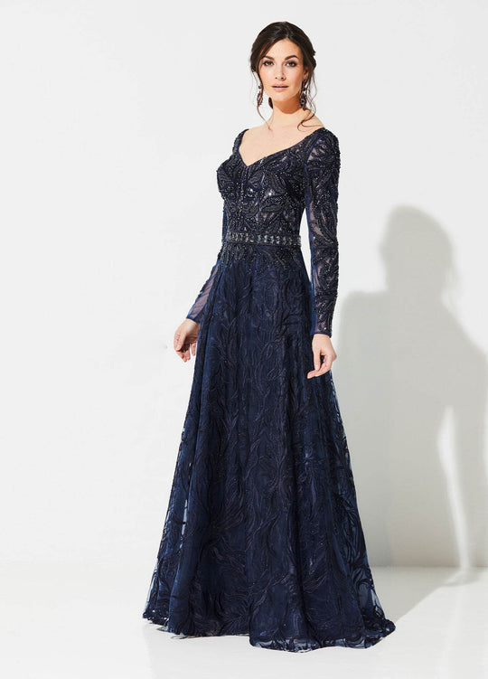 Ivonne D for Mon Cheri - 219D79 Beaded Lace Wide V-neck A-line Gown In Blue
