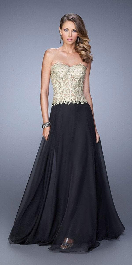 La Femme - 20969 Gold Embroidered A-line Dress in Black and Gold