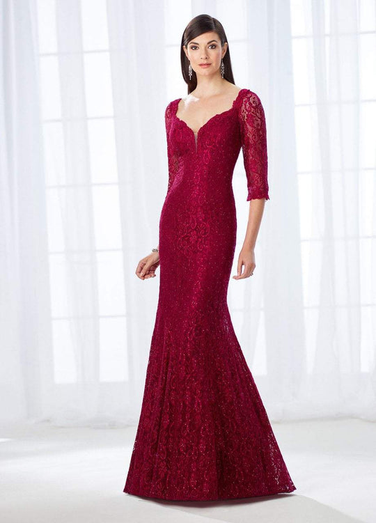 Cameron Blake - 118677 Quarter Sleeve Beaded Lace Trumpet Gown In Red