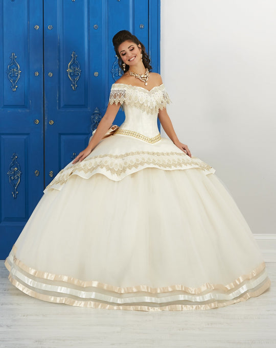 LA Glitter - 24046 Lace Applique Off-Shoulder Mikado Tulle Ballgown In White and Neutral