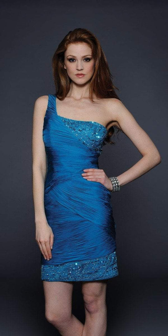 Lara Dresses - Sequined Asymmetrical Neck Dress 21593 in Blue