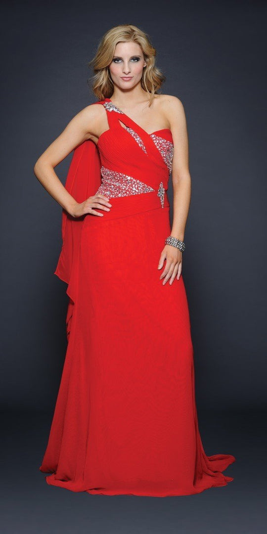 Lara Dresses - Jeweled Asymmetric Neck A-Line Dress 21610 in Red