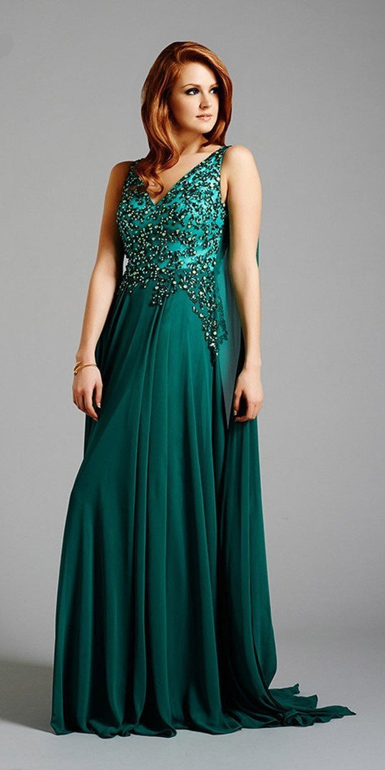 Lara Dresses - Lace Embellished V-Neck Long A-line Dress 6044 in Green