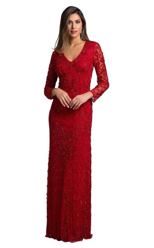 Lara Dresses - 29902 Beaded Long Sleeves Evening Dress In Red