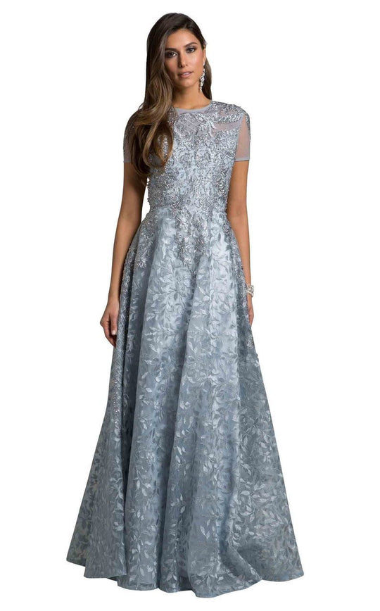 Lara Dresses - 29917 Crystal Embellished Short Sleeves Gown In Blue