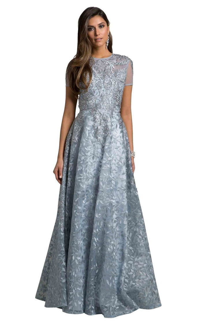 Lara Dresses - 29917 Crystal Embellished Short Sleeves Gown In Blue
