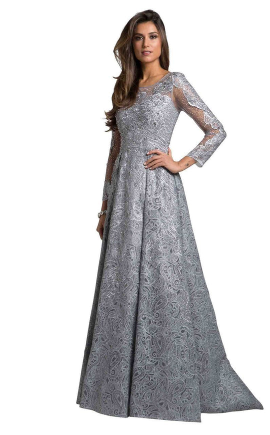 Lara Dresses - 29923 Appliqued Sheer Long Sleeves Evening Gown In Gray