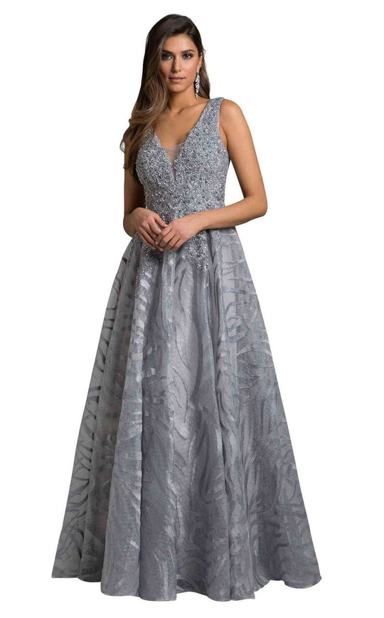 Lara Dresses - 29926 V Neck Beaded A-Line Evening Gown In Gray