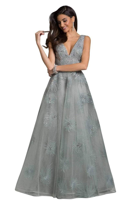 Lara Dresses - 29928 Beaded V Neck A-Line Gown In Silver