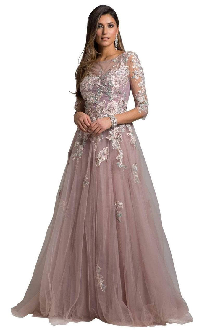 Lara Dresses - 29933 Floral Appliqued Pleated Evening Gown In Purple