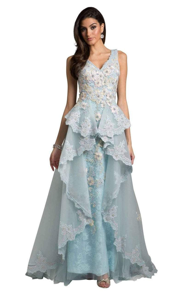 Lara Dresses - 29949 Floral Lace V-neck A-line Dress In Blue