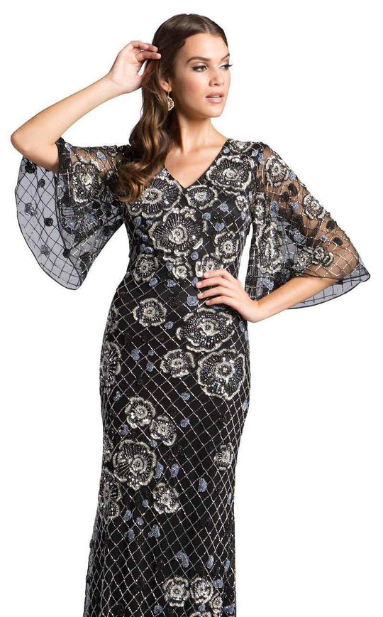 Lara Dresses - 29981 Short Bell Sleeve Floral Lattice Beaded Gown In Black