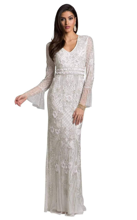 Lara Dresses - 33435 V Neck Long Sleeves Evening Dress In White