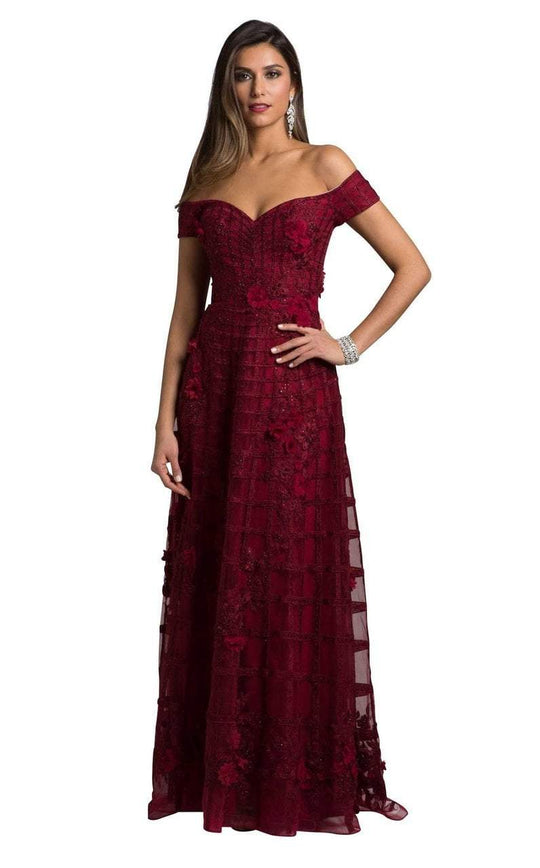 Lara Dresses - 33650 Floral Appliqued Off Shoulder Gown In Red