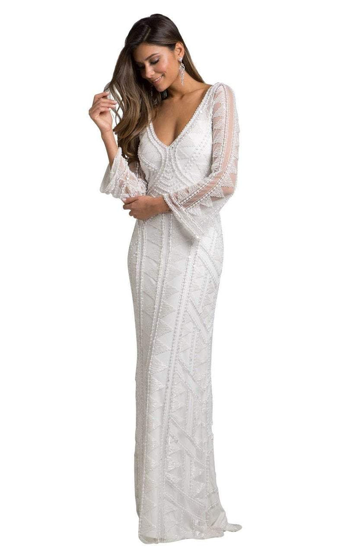 Lara Dresses - 51001 Pearl Beaded V-neck Fitted Dress In White