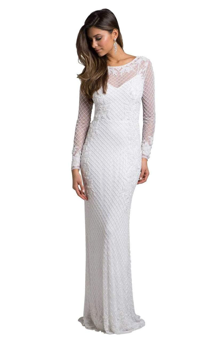Lara Dresses - 51004 Applique Illusion Bateau Fitted Dress In White