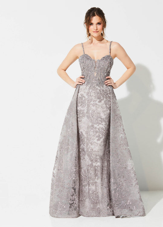 Ivonne D for Mon Cheri - 219D71 Embroidered Gown With Detachable Train In Gray