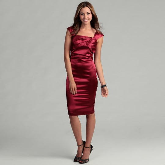 London Times - L3A27M Square Neckline Satin Cocktail Dress in Red