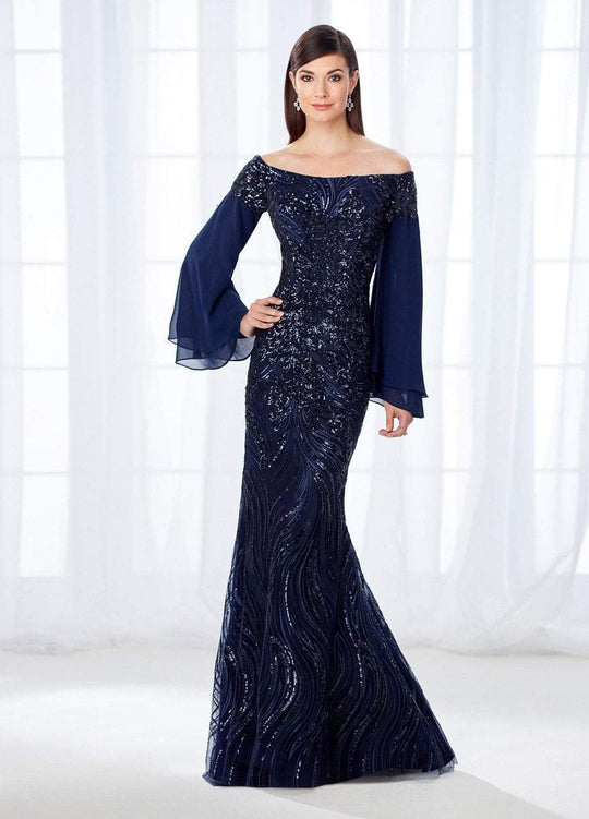 Cameron Blake - 118688 Long Bell Sleeves Off-Shoulder Gown In Blue