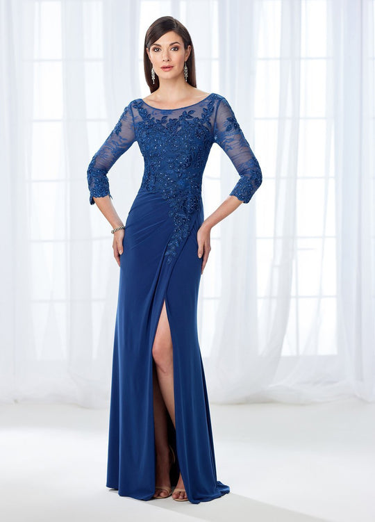Cameron Blake - 118669 Beaded Lace Applique Quarter Sleeve Gown In Blue