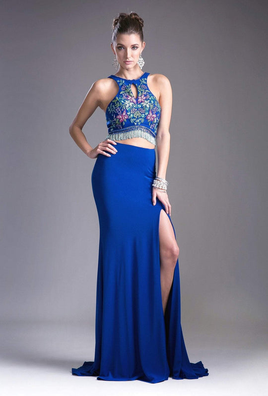 Cinderella Divine - 71207 Two-Piece Floral Beaded Cutout Bodice Gown In Blue