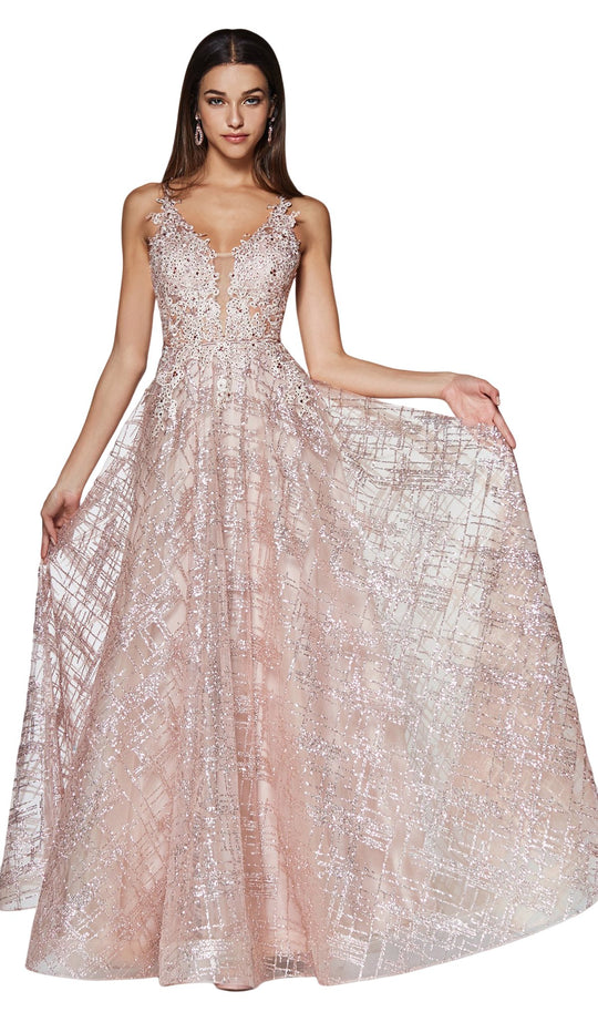 Cinderella Divine - CJ515 Plunging Illusion Beaded Lace Bodice Gown In Pink and Gold