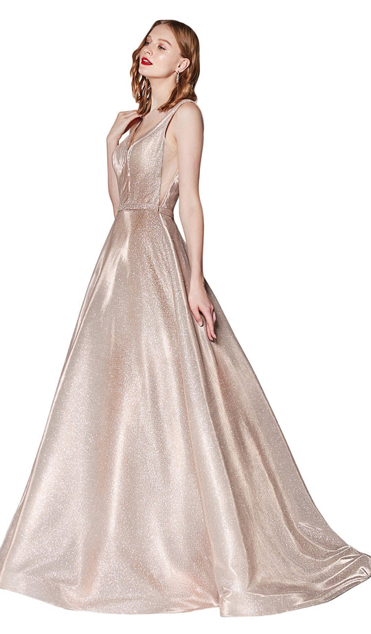 Cinderella Divine - CB0029 Glitter Plunging V-Neck A-Line Gown In Neutral
