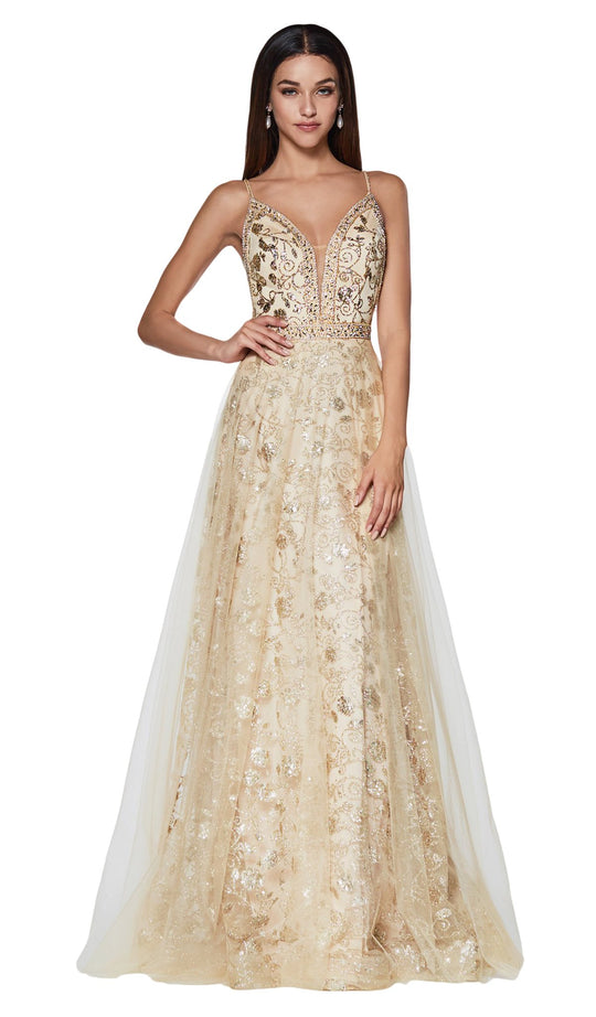 Cinderella Divine - KC888 Sleeveless Sheer Plunging Neck Glitter Gown  In Gold