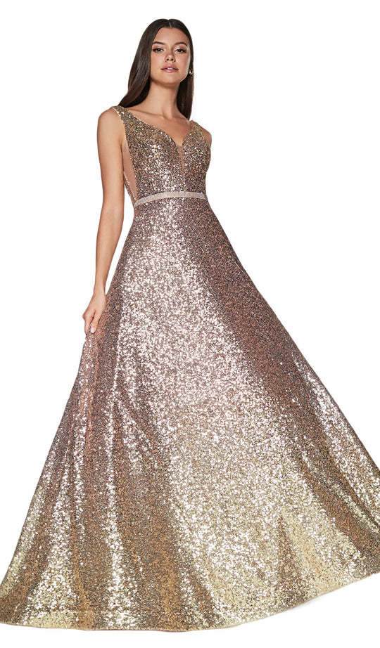 Cinderella Divine - CB0038 Plunging V-Neck Ombre Sequined Gown In Pink and Gold