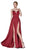 Cinderella Divine - CJ526 Sheer Plunging Neck Double Slit Satin Gown In Red